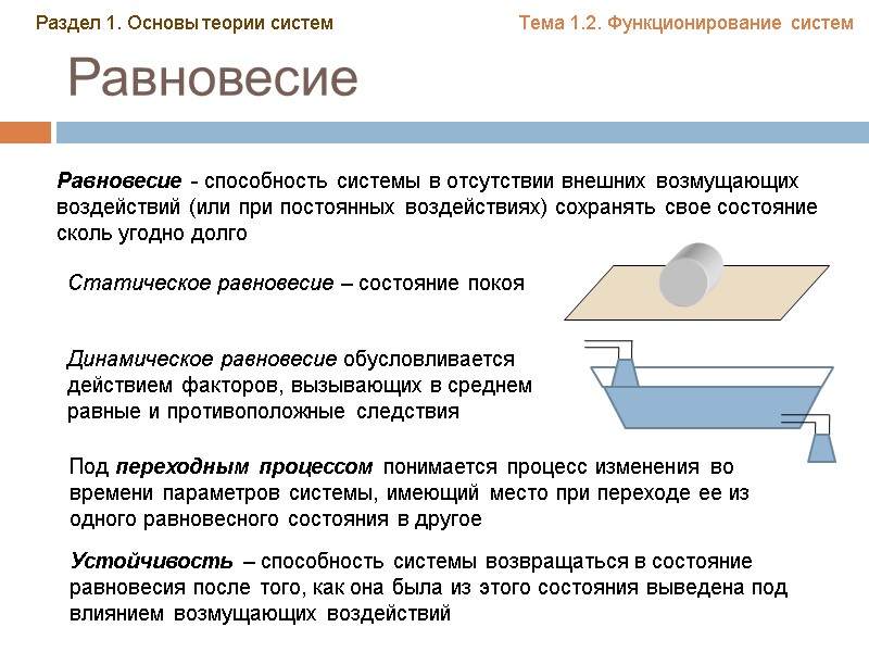 Равновесие Равновесие - способность системы в отсутствии внешних возмущающих воздействий (или при постоянных воздействиях) Равновесие Равновесие - способность системы в отсутствии внешних возмущающих воздействий (или при постоянных воздействиях)